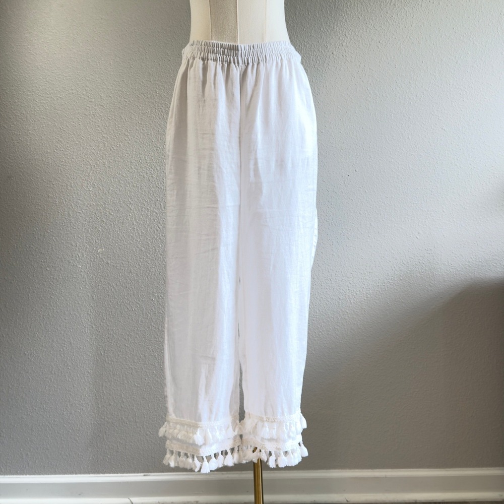 Crown & Ivy White 100% Linen Tassel Trim Boho Beach Cottagecore Pants Womens s4